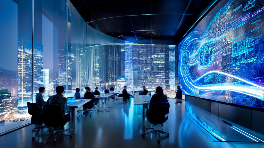 A tech company uses AI customer prediction models to optimize foreign trade marketing strategies, with the team discussing how to improve customer acquisition efficiency in a glass conference room.