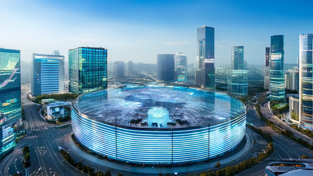 未来城市中的跨境电商公司利用AI技术实现高效客户获取，背景是繁忙的街道和高科技办公楼。