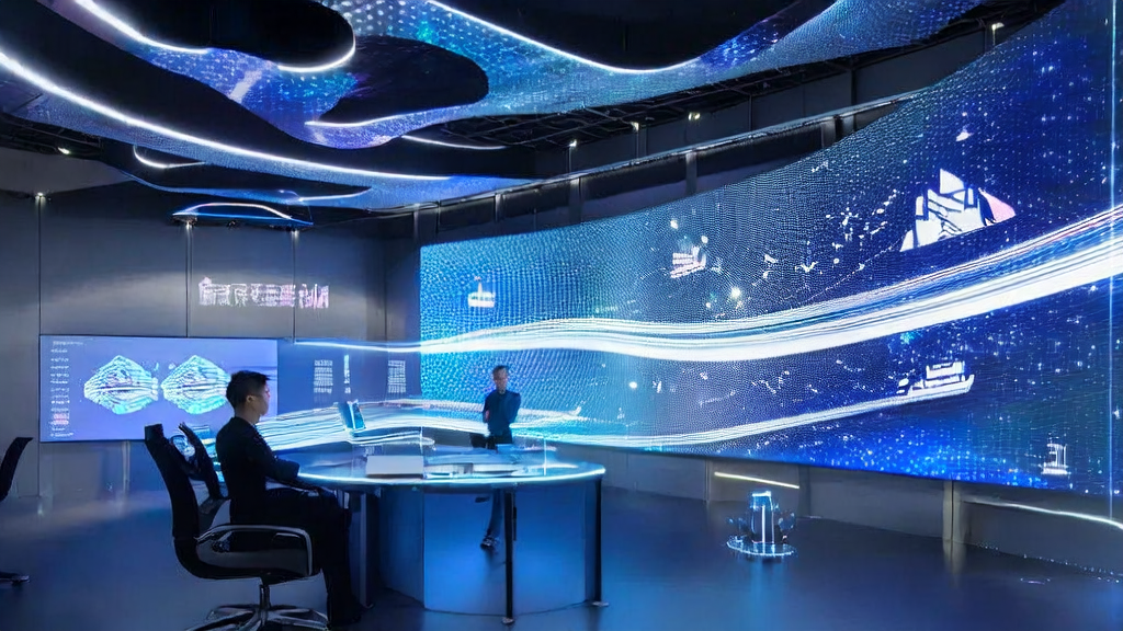 A futuristic office showcasing AI-driven customer acquisition solutions, emphasizing high email marketing response rates in cross-border commerce for 2025