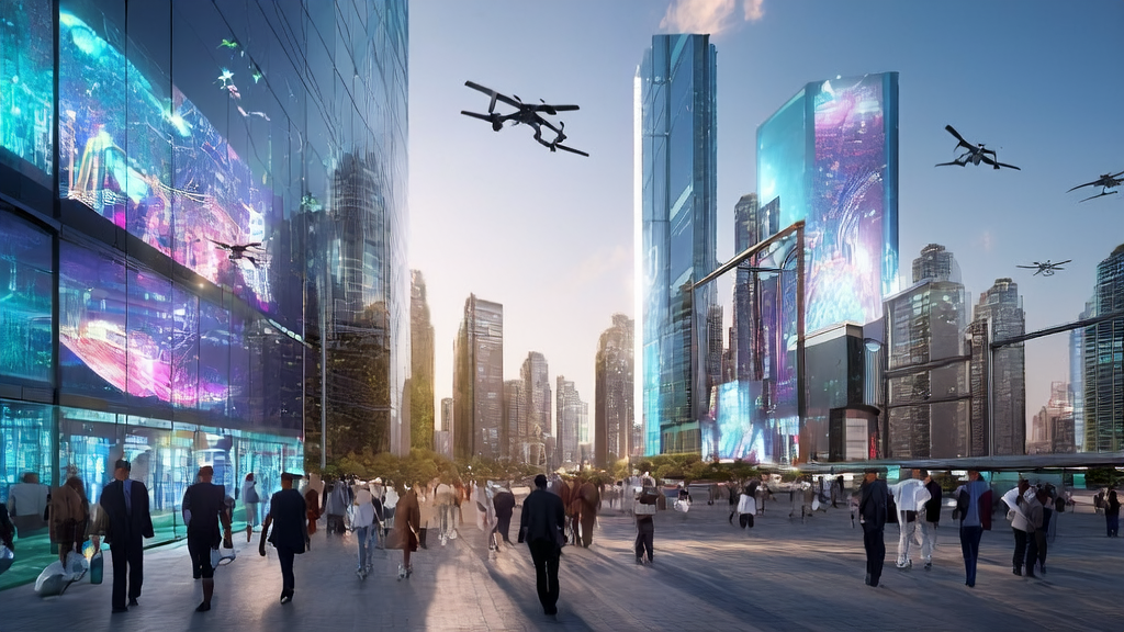 In a futuristic city, smart devices and AI technology are widely used, showcasing the new trends of AI-driven customer acquisition in 2025.