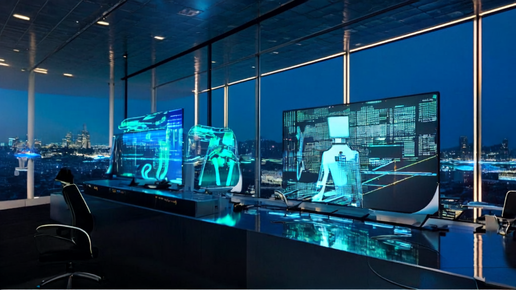 未来感办公室中展示AI驱动的3D数字人与客户互动及个性化邮件营销