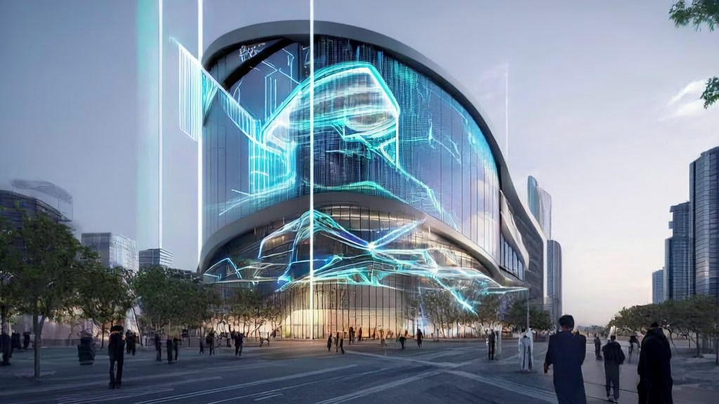 A futuristic cross-border e-commerce building showcasing AI-driven customer acquisition solutions on its exterior screen, surrounded by busy streets and pedestrians