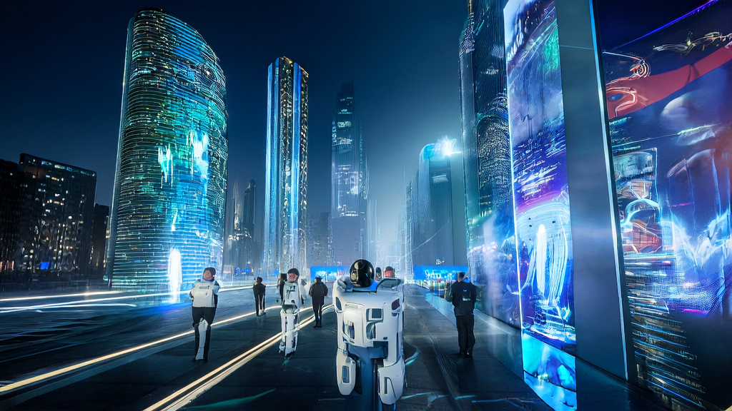 A futuristic city scene showcasing AI-driven customer acquisition with advanced technology and intelligent interactions