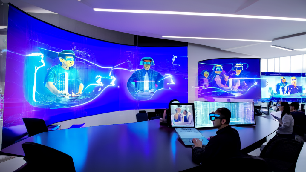 Employees in a futuristic office using AI customer prediction models for precise marketing