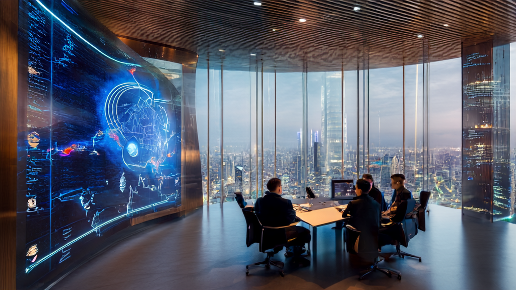 未来城市的科技办公室中，创业者们正在讨论AI驱动的客户获取策略，背景是全球市场的实时数据和全球地图。