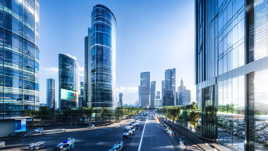 Scene of a cross-border e-commerce company's office using AI technology for customer acquisition in a futuristic city