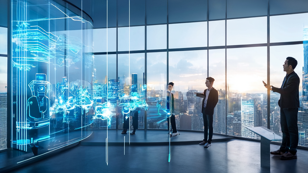 In a futuristic office, an entrepreneur uses the Ling Guang web AI assistant to quickly generate personalized apps and optimize advertising strategies