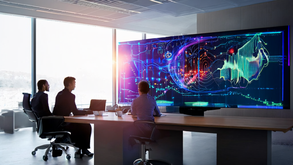 Modern office employees analyzing data using AI predictive models to enhance email marketing and ad targeting