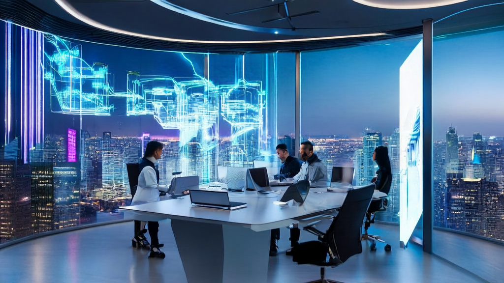 A futuristic office showcasing AI-driven customer acquisition solutions and efficient CRM systems