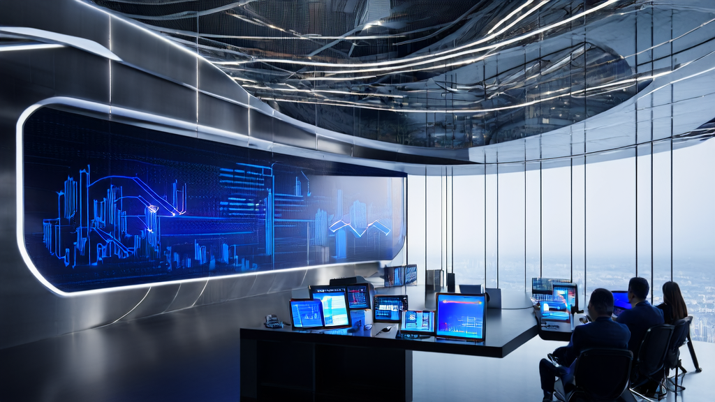 数据科学家在充满科技感的办公室中探讨AI驱动的客户获取与邮件营销策略