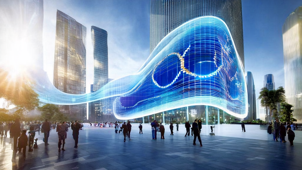 未来城市中的科技公司大厅，展示AI客户预测模型和全球首个AI法案的影响