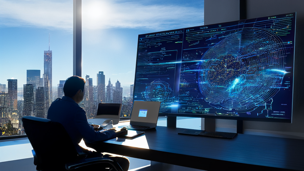 In a modern office bathed in sunlight, a data scientist is working on an AI customer prediction model, with a future blueprint of embodied intelligence hanging on the wall.