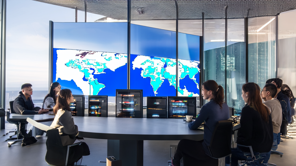 In a bright modern office, a team is discussing AI-driven customer acquisition strategies for cross-border commerce, with the TurboDiffusion video generation acceleration framework displayed in the background.