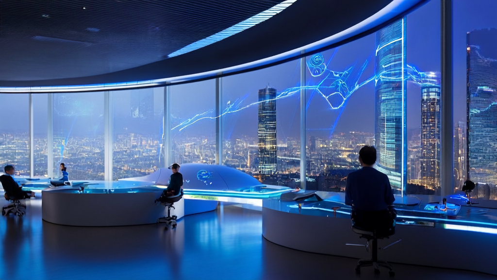 未来办公室中的人类与AI协作,实时监控跨境电商获客数据,展示谷歌Gemini3的强大功能。