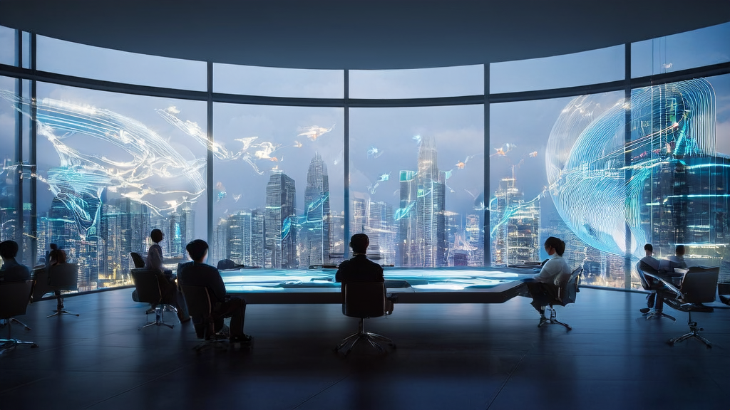 A modern office in a futuristic city where an entrepreneur uses AI-driven customer acquisition solutions, with a bustling cityscape in the background.