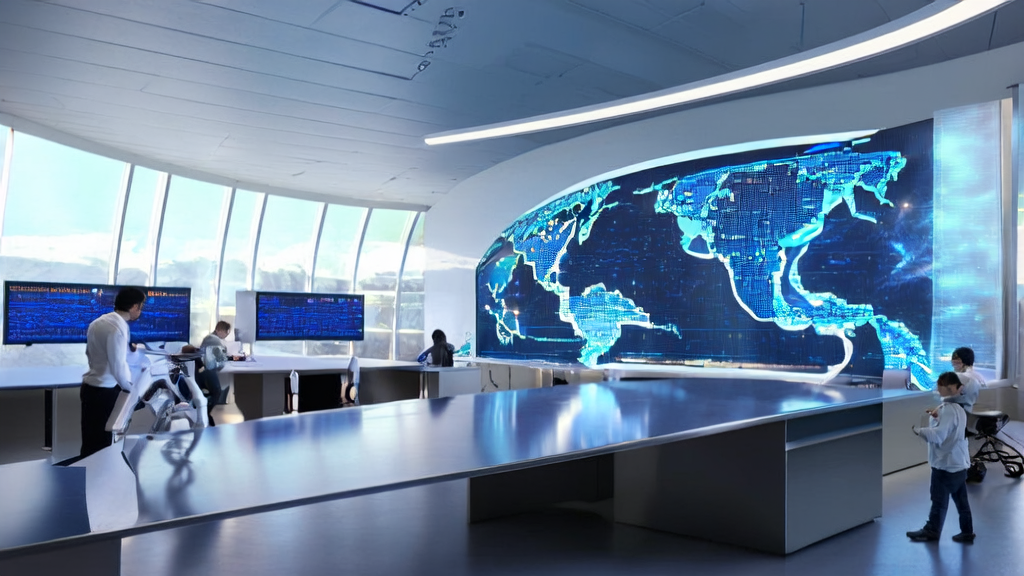 AI驱动的跨境电商办公室内景，展示通过分析制造业海关数据精准获客的过程