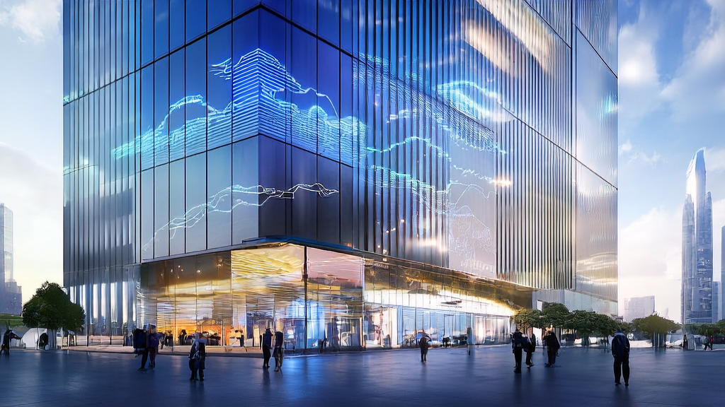 In a futuristic city's modern office building, an intelligent robot interacts with visitors, showcasing AI-driven customer data cleansing services.