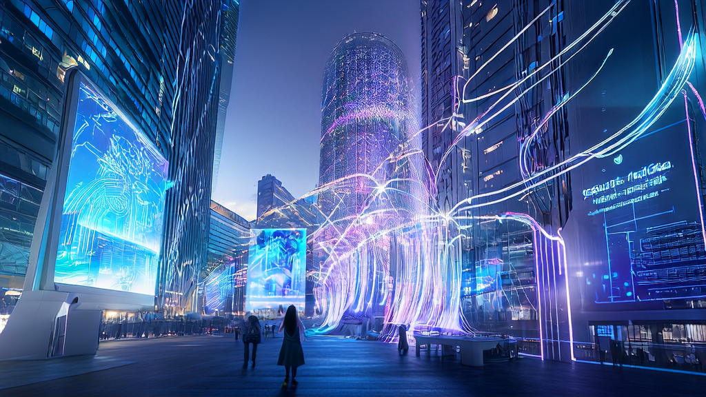 AI-driven customer acquisition and email marketing workstation in a futuristic city