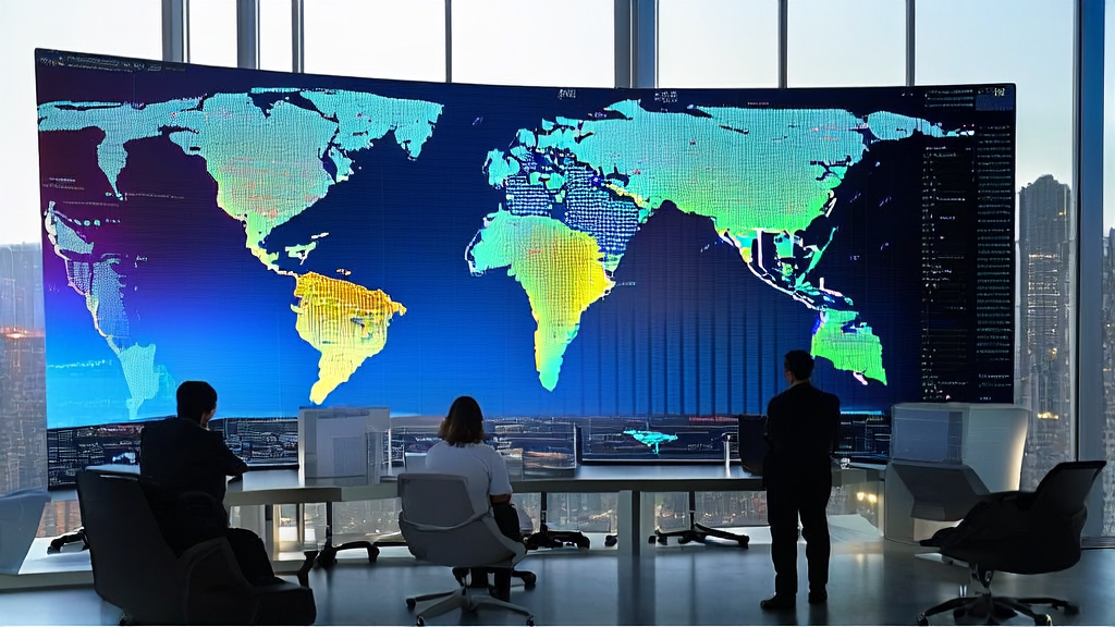 Data scientists discussing AI customer prediction models in a modern office, with data charts and algorithm flowcharts on the screen, city skyline in the background.