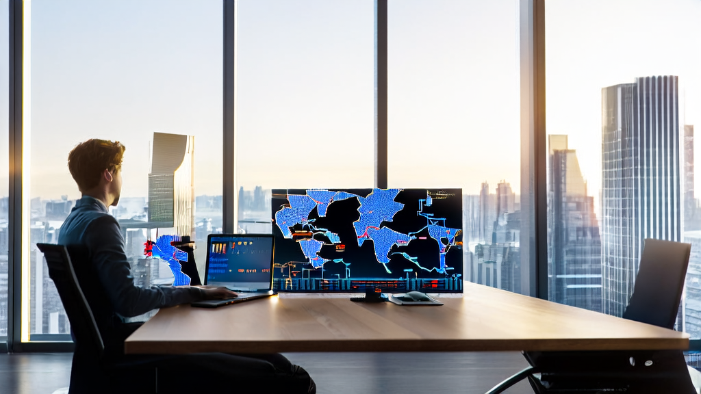 AI-driven customer acquisition solutions empowering cross-border e-commerce businesses in a sunny modern office with global reach
