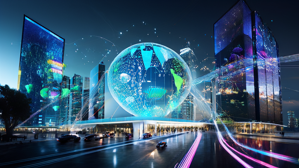 AI驱动的客户获取解决方案正在改变跨境电商行业的获客方式，屏幕上显示着复杂的客户预测模型和全球市场数据点。