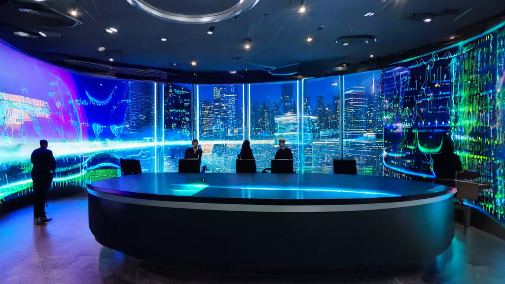 In a futuristic office, entrepreneurs are optimizing cross-border e-commerce customer acquisition using AI technology