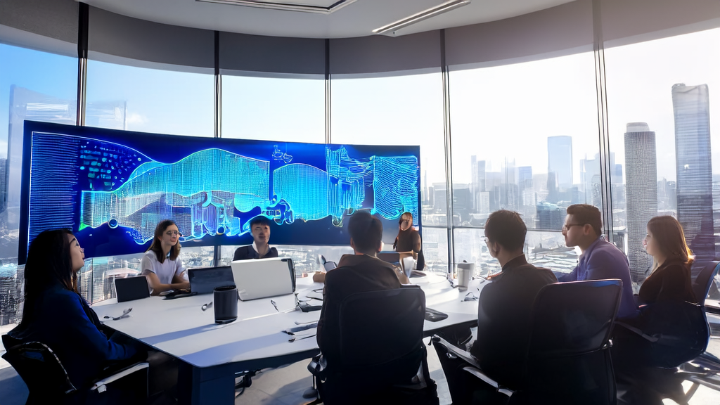 In a sunny morning, an e-commerce company team discusses AI-driven customer profiles and predictive models, with a bustling cityscape outside the window.