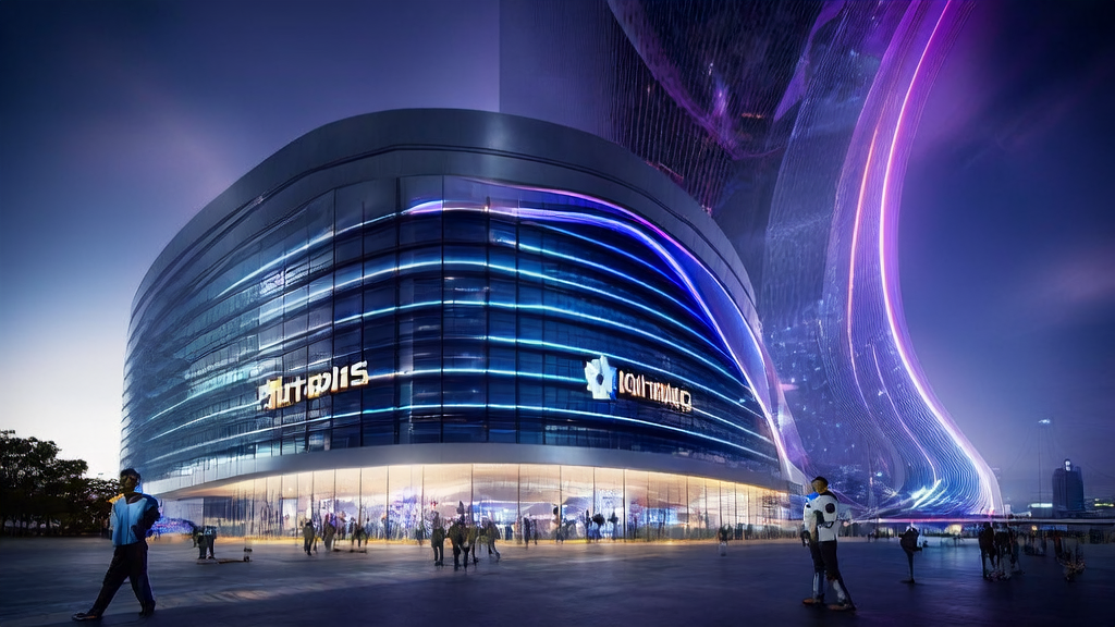A high-tech skyscraper in a futuristic city showcasing AI-driven customer acquisition solutions, highlighting the new engine for e-commerce sales.