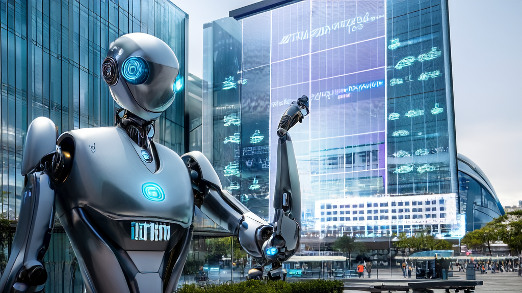 AI-driven customer acquisition solution demonstration, with Beijing XR-1 humanoid robot interacting with a business owner, set against the backdrop of a bustling cross-border e-commerce logistics center.