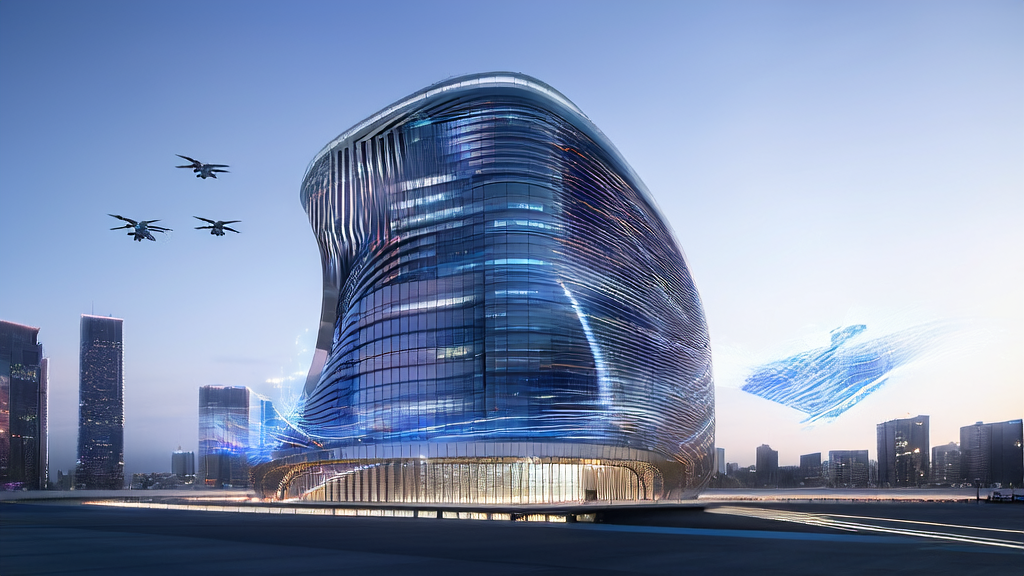 Display of AI-driven customer acquisition solutions in a futuristic city, featuring smart buildings and real-time data transmission by drones