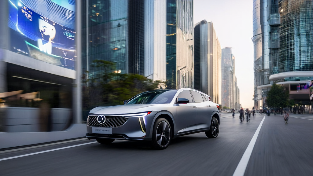 Geely Galaxy M9 with AI-powered cabin in a futuristic city