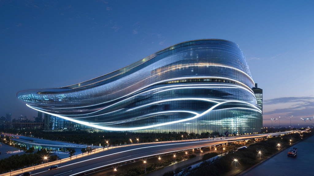 未来城市的夜晚，高楼大厦间展示AI获客技术的公司总部