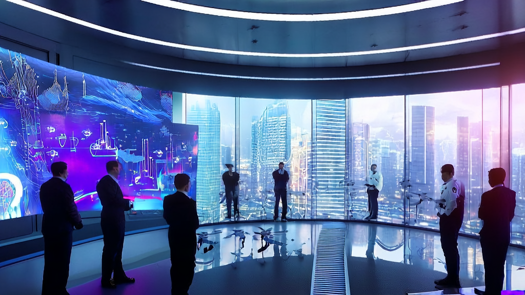 In a future city skyscraper, tech professionals discuss AI algorithms, showcasing how AI transforms customer acquisition methods