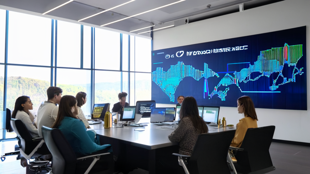 In a modern office, team members gather around a table to demonstrate an AI customer prediction model on a laptop, with a world map and Apex Context logo displayed on the wall.