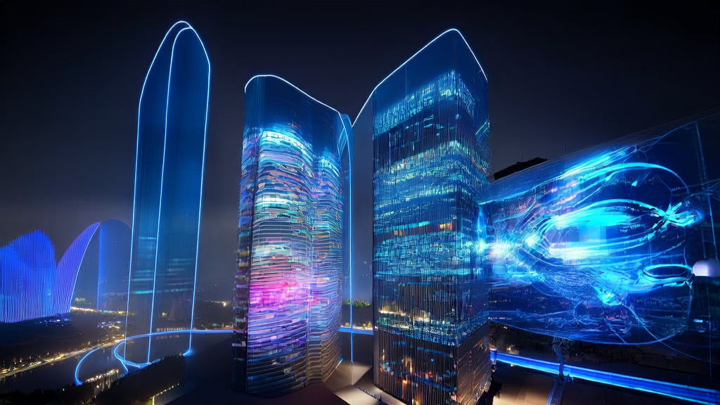 AI-driven customer acquisition in a futuristic city, showcasing the work environment inside a modern office building with complex data charts