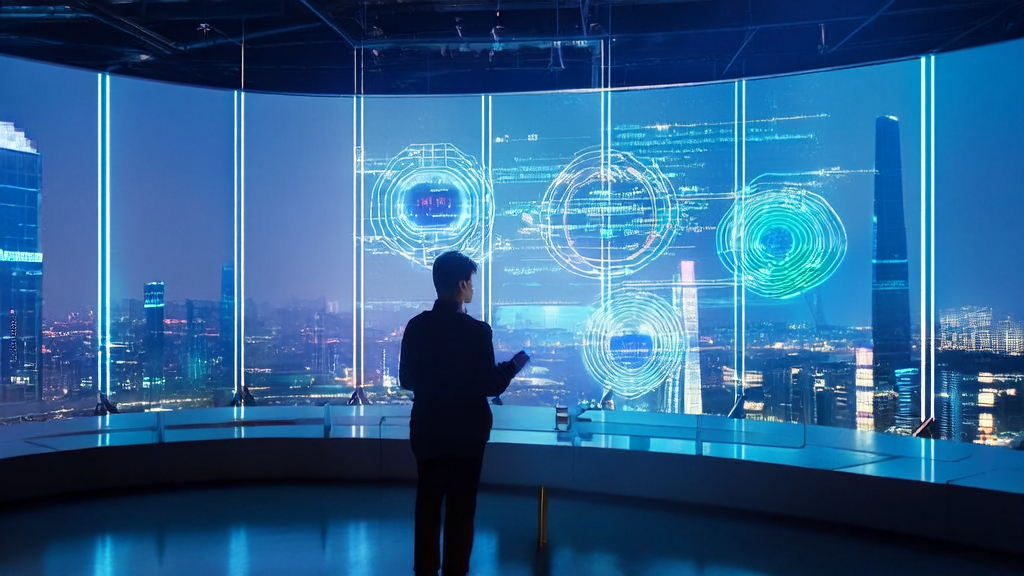 In a futuristic office, an entrepreneur interacts with an AI assistant to explore AI-driven customer acquisition solutions.