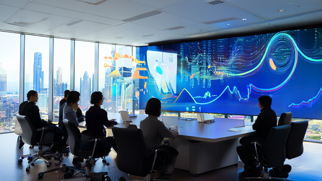 Employees in a modern office discussing AI-driven customer acquisition tools with a bustling city view outside.