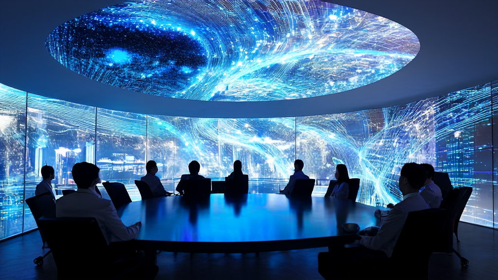 A high-tech meeting room showcasing the working principles of the GPT-5 Thinking model