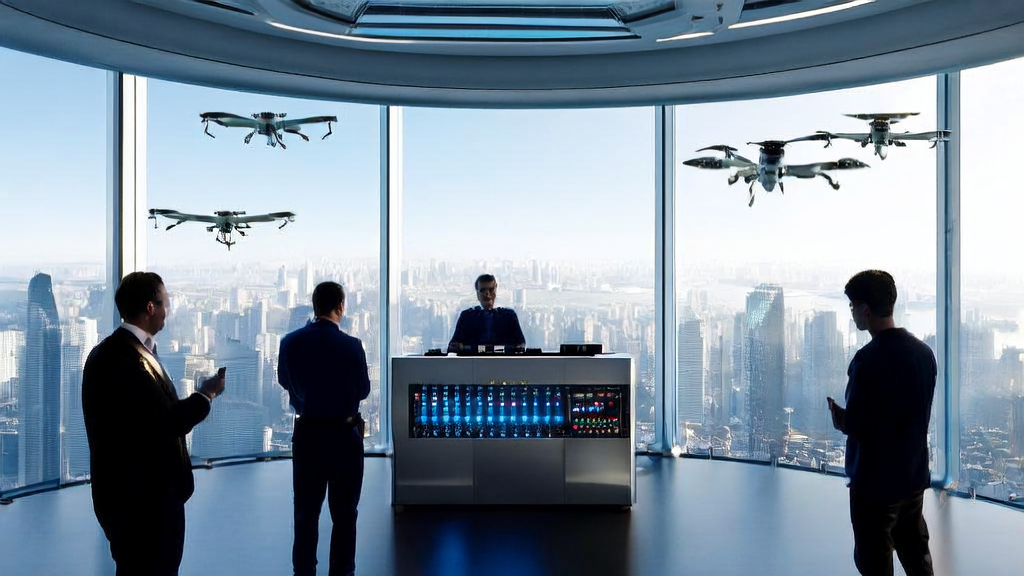 Modern office in a futuristic city where technicians discuss IBM's latest edge AI model, Granite4.0Nano