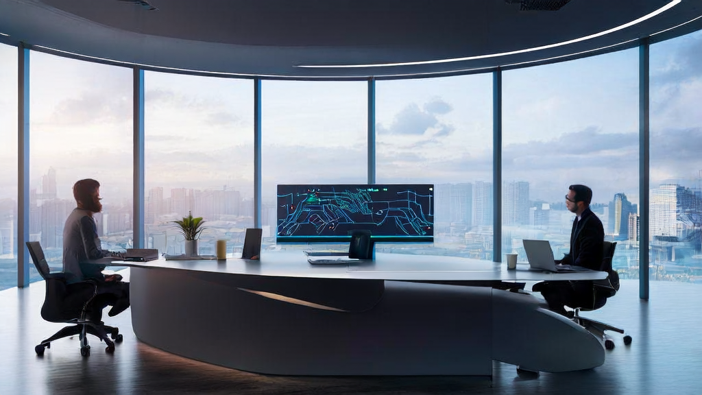 Entrepreneur in a futuristic 2025 office using AI tools for customer acquisition and marketing strategy optimization