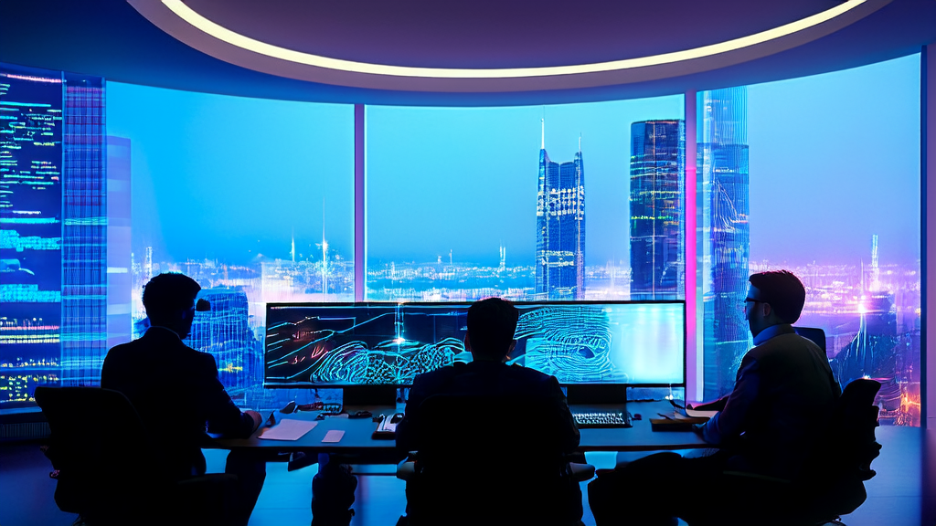 在充满科技感的办公室中，工程师们正讨论AI驱动的客户获取解决方案，背景是城市天际线。