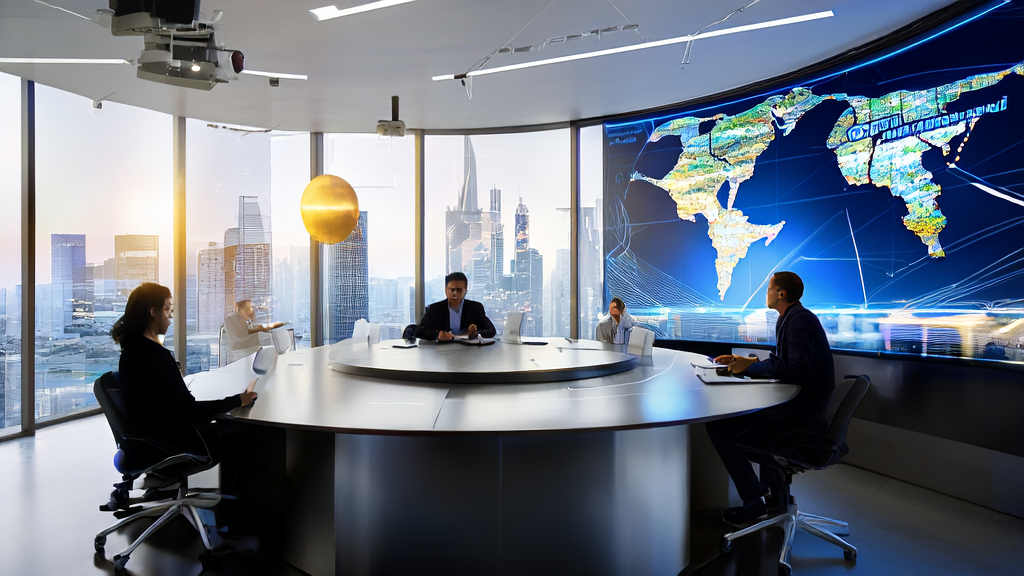 In a modern office bathed in sunlight, employees are discussing how AI technology is transforming customer acquisition strategies in cross-border commerce, with the Kayak AI mode interface displayed on a screen and a world map highlighting market coverage.