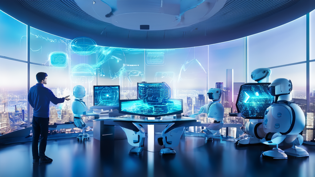 A futurist office where an entrepreneur uses AI technology for precise customer acquisition and personalized email marketing in cross-border e-commerce