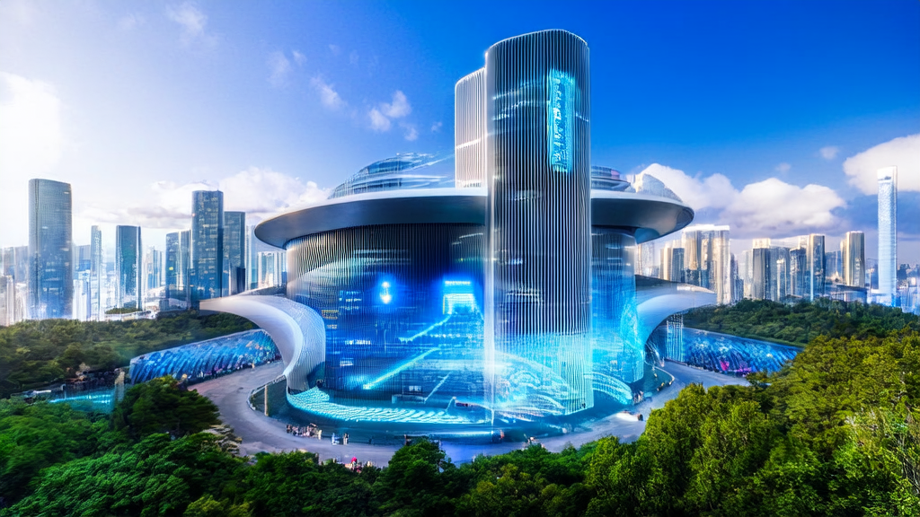 AI-driven precise customer acquisition: New opportunities for cross-border commerce, showcasing a futuristic city scene with a data center and office