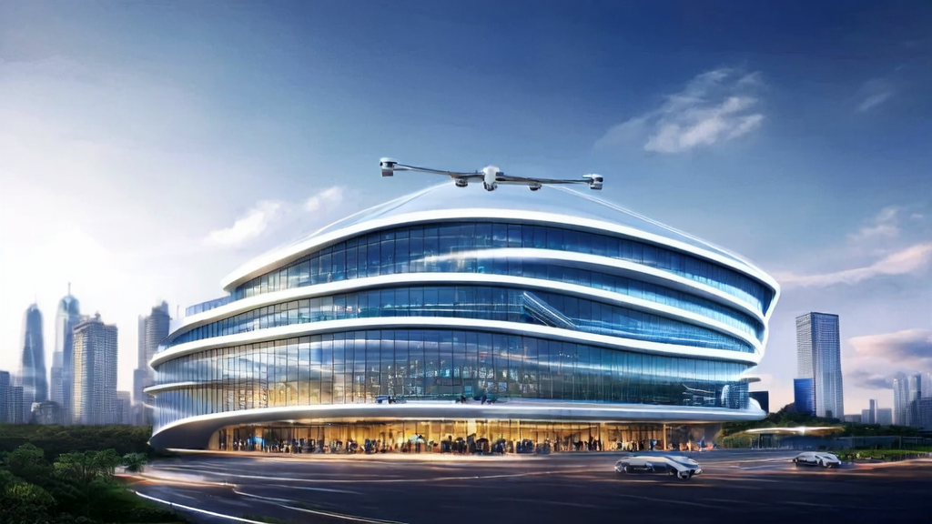 Modern cross-border commerce office in a futuristic city, showcasing AI-driven customer acquisition solutions