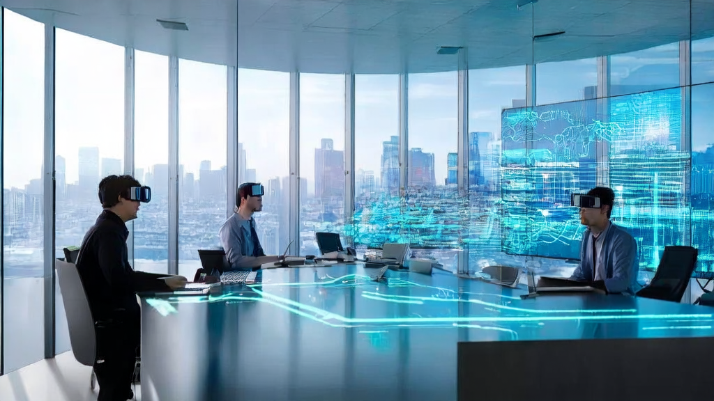 A futuristic tech office where employees use AI technology for cross-border e-commerce customer acquisition, with a bustling city skyline outside the windows.