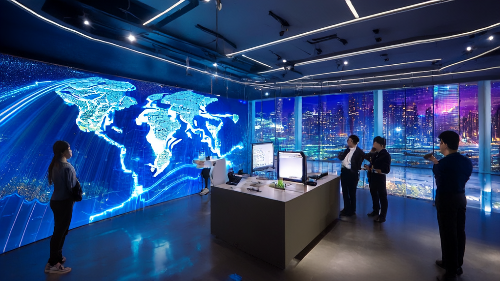 未来科技感办公室中，团队围绕AI智能终端讨论跨境电商获客策略