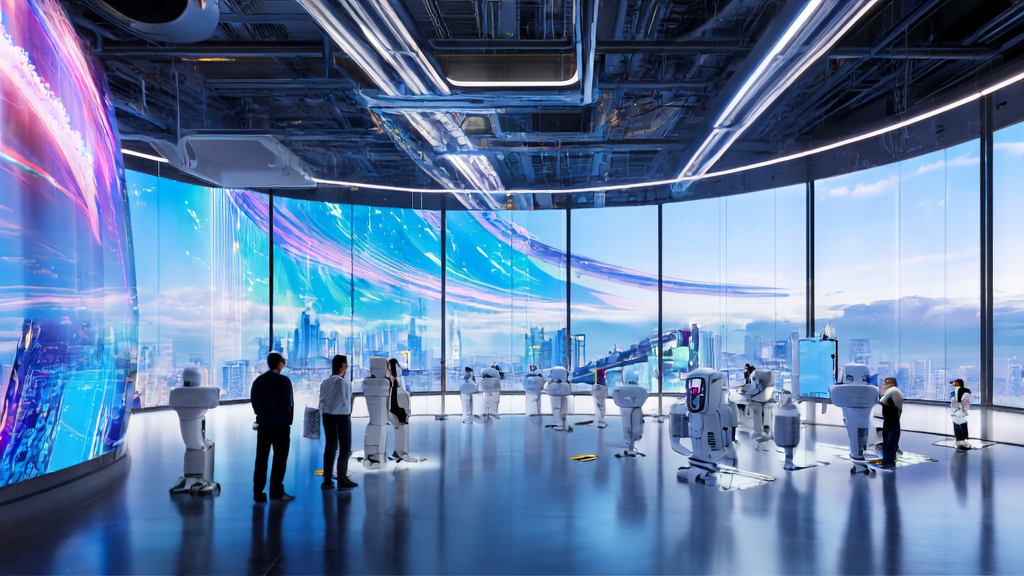 未来科技城市中的跨境电商办公室，展示AI技术如何提升获客效率