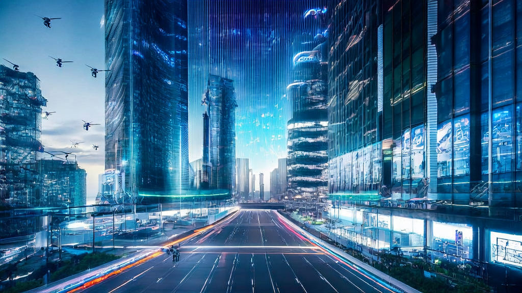 A cross-border e-commerce company in a futuristic city uses AI technology to optimize email marketing and enhance customer acquisition efficiency
