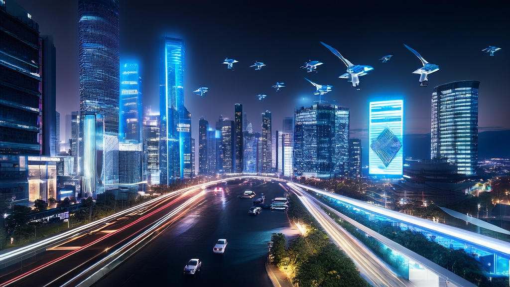 Night scene of a futuristic city where a cross-border e-commerce company uses AI technology for efficient customer acquisition and conversion rate improvement